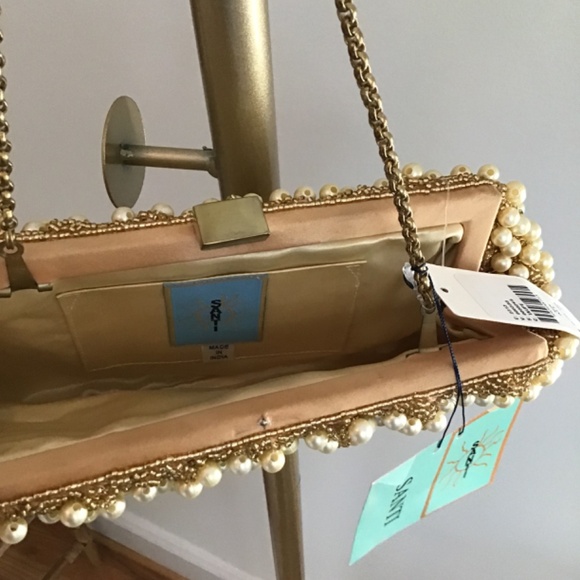 Santi Gemelli Clutch Pearl with Taupe Silk with brass strap - Picture 6 of 16